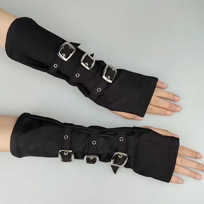 Dark Metal Button Cuffs Gothic Half Open Finger Wristband Gloves