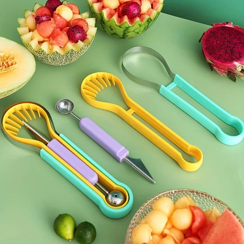 3-in-1 Fruit Digger Fruit Carving Knife Set Cutter Fruit Platter Separator Kitchen Gadgets Watermelon Ice Cream Baller Scoop