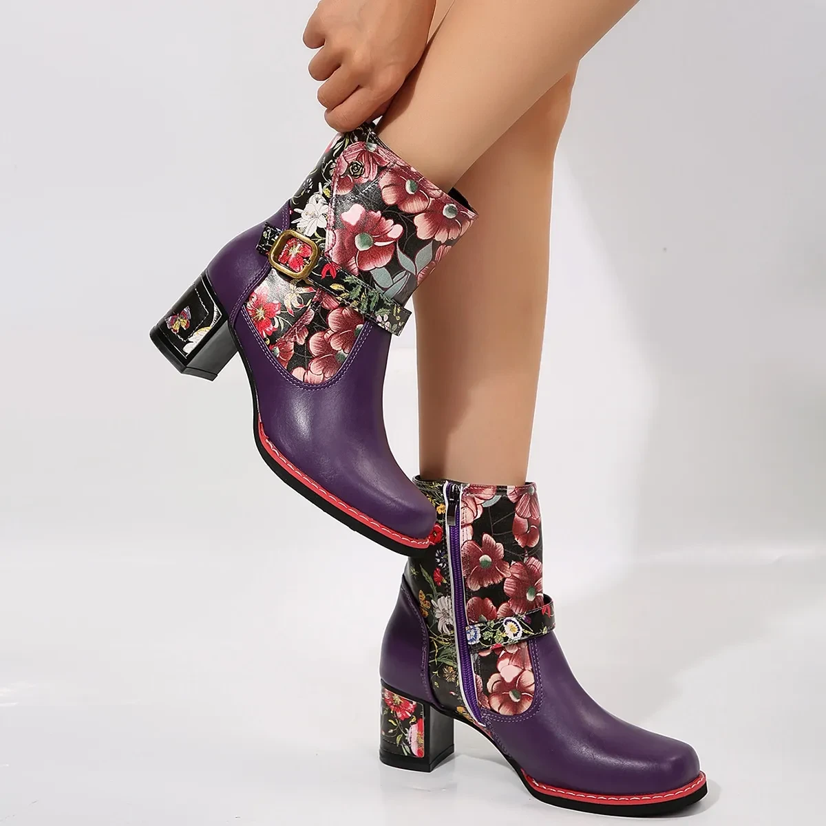 Women's Printed Stitching Round Head Thick Bottom Bootie