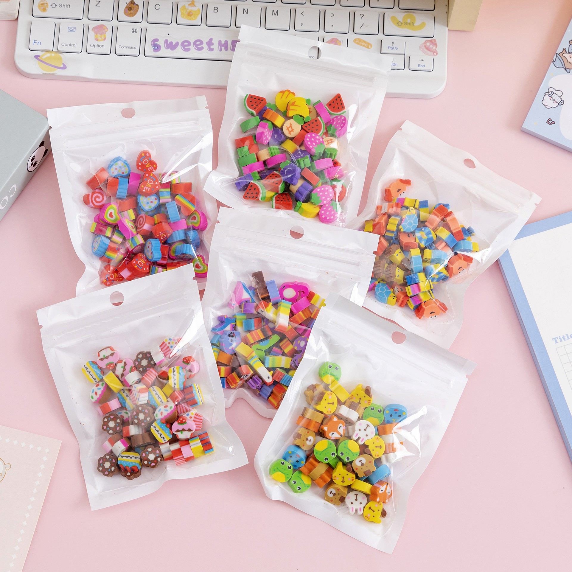 50 PCs Pearlescent Film Bags Cartoon Fruit Mini Eraser
