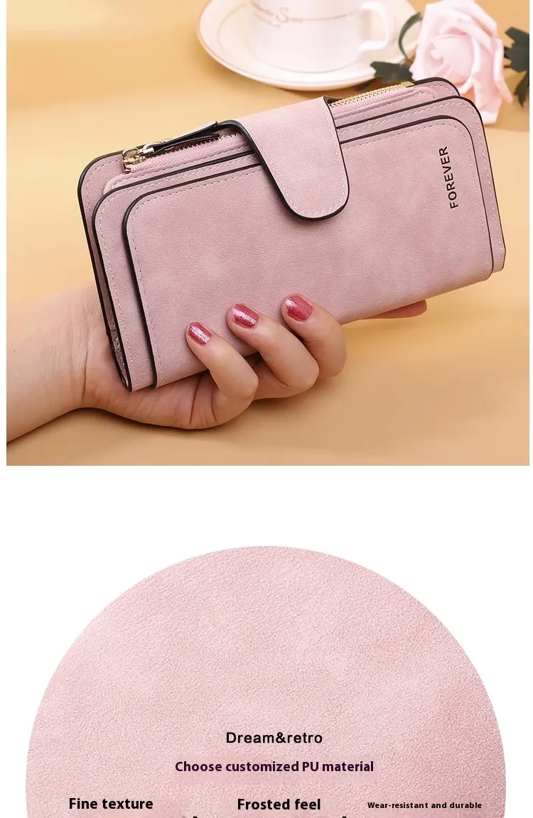 New Buckle Women's Long Wallet Three Fold Fashion Women's Bag Multi-card Women's Purse Frosted Two-tone Fabric